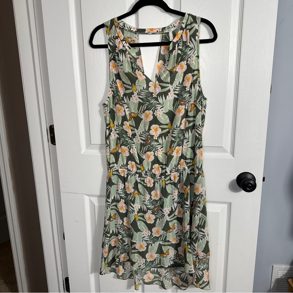 Joie Green Silk Floral High-Low Dress with Pink & Yellow Blooms & Butterflies